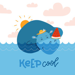 Cute hippopotamus sweeming in blue water and holding a sliced watermelon. Flat cartoon illustration for summer holidays concept with hand drawn lettering Keep cool.
