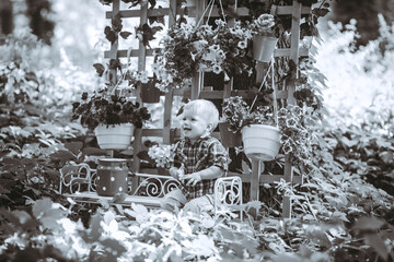 little boy sitting on the bench in the garden