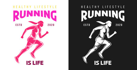 Vintage colorful and monochrome concept with silhouette running man for print, label, badge or other symbol isolated on white background. Vector illustration.