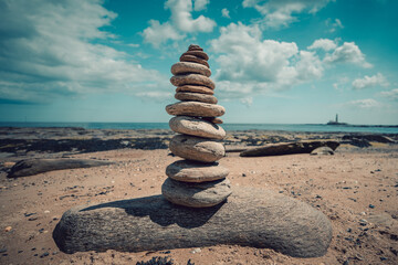 Fototapeta na wymiar Cairn in the Whitley Bay coast, North England with background of the sea.