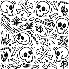 Hand drawn skull elements pattern. Skull background. Skull doodle illustration. Vector illustration. Seamless pattern with skull, bones, spider and chain