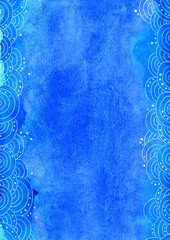 Abstract ocean wave in bohemain style frame on blue backgroud watercolor hand painting for decoration on summer.