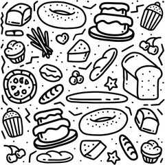 Vector seamless pattern with icons and illustrations related to bakery, cafe, cupcake shop - packaging design wrapping paper and background design