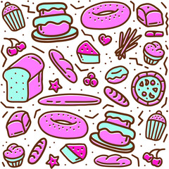 Vector seamless pattern with icons and illustrations related to bakery, cafe, cupcake shop - packaging design wrapping paper and background design