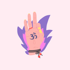 Hand in the Yoga mudra of gnyan with the symbol Om. Trendy vector illustrations. Flat design.