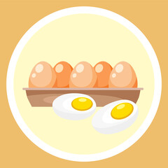 Hard boiled sliced egg with the yellow yolk and the white albumen in container isolated on yellow background. Chicken peeled boiled eggs organic food for good health. Source of vitamins and minerals