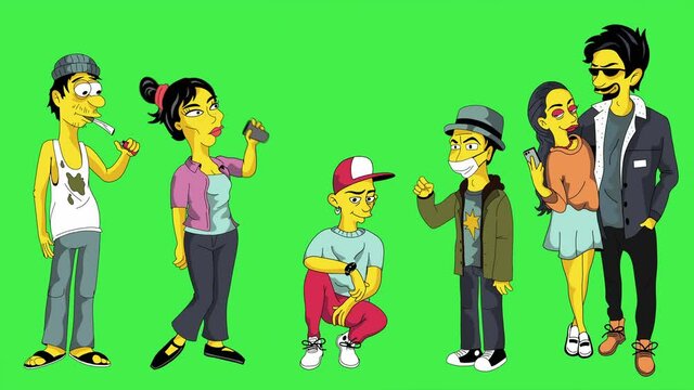 4k cartoon where six yellow young people are on green background.