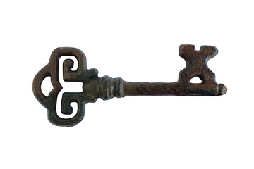 Big old iron key isolated on white background. Top view. Close up.