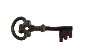 Top view and close-up of big old iron key isolated on white background.