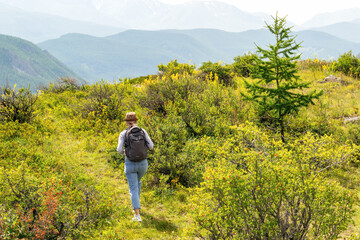 Woman with rucksack hiking in the summer landscape. Hiker with backpack in mountains.