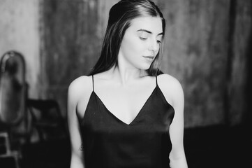 Black and white portrait of caucasian brunette