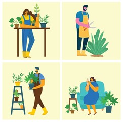 Young man and woman gardener holding a flower pot. Vector illustration in a flat style