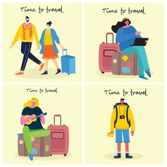 Time to travel. Vector illustration with isolated young people traveler in various activity with luggage and tourist equipment in flat design