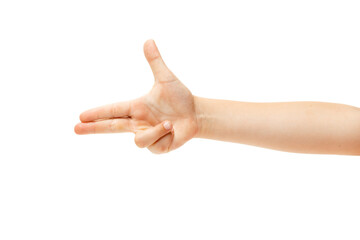 Pointing. Children's hand, palm gesturing isolated on white studio background with copyspace for your advertising. Little girl's hand with signs. Childhood, education, sales, ad, expression concept.