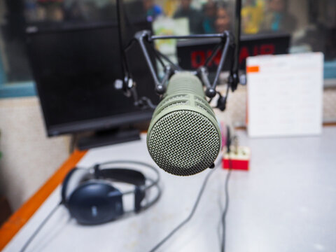 Close up microphone in a recording studio