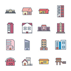 city buildings line and fill style icon set vector design