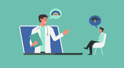 online doctor, medical consultation or psychological help and support service concept, telemedicine, psychologist and patient, brain mental health psycho therapy, vector flat illustration