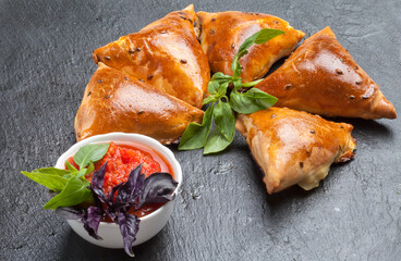 Asian food. Vegetarian samsa (samosas) with tomato sauce. Dark blue background copy space top view