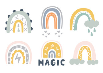 Hand drawn cute rainbows doodles set