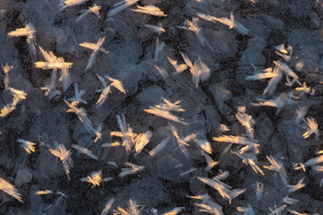 Ice crystals on surface of frozen lake