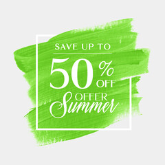 Sale summer offer up to 50% off sign over art brush acrylic stroke paint abstract texture background vector. 