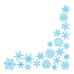 Frame with cute hand drawn winter snowflakes on white background. Vector illustration in doodle style