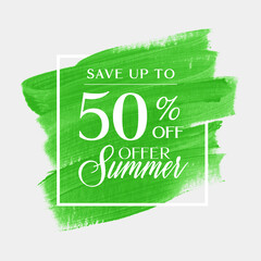 Sale summer offer up to 50% off sign over art brush acrylic stroke paint abstract texture background vector. Perfect art design for a shop and sale banners.