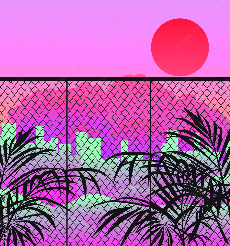 Poster ambient view on evening cloudy sky behind the fence, palm leaves in the foreground. nature scene in 