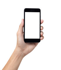 Hand man holding mock up mobile smartphone with blank screen isolated on white background with clipping path