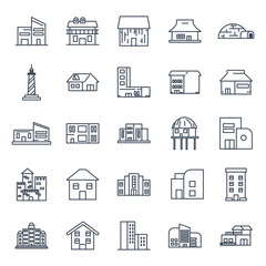 city buildings line style icon set vector design