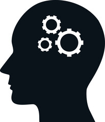 Human head with a gear inside the icon. Artificial intelligence. Technology advances. Robot. Contour symbol.
