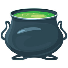 Cauldron of green potion. Halloween attribute in cartoon style.