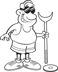 Black and white illustration of a man holding shuffleboard equipment.