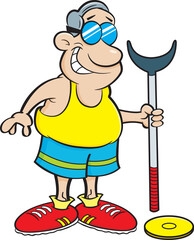 Cartoon illustration of a man holding shuffleboard equipment.