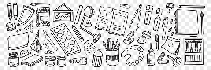 Hand drawn artistic equipment doodle set