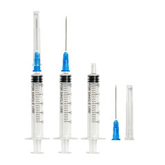 Collection medical syringes isolated on white background.