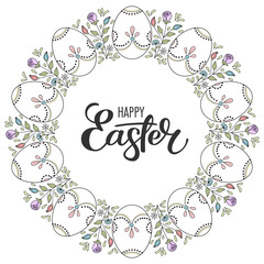 Wreath of hand drawn easter eggs and flowers on white background. Greeting card or invitation template