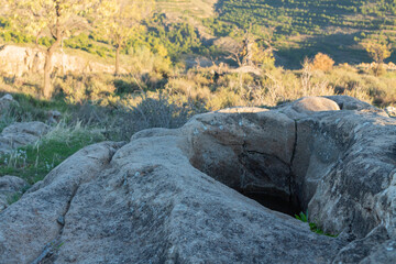 hole in the rock with vegetation