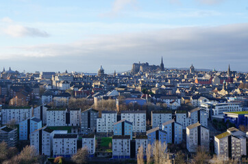 Panoramic view of modern Edinburgh with old town on the horizon, Scotland