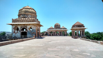 The terrace view of Jahaz Mahal (ship building) located at Mandu region of Madhya Pradesh, India. Jahaz Mahal was built in second half of the 15th century. Jahaz Mahal best captures the history