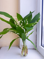A bouquet of lys in a small glass transparent vase on a wide white plastic window sill.