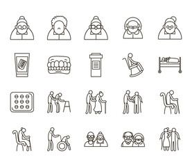 Grandmothers and grandfathers line style icon set vector design
