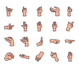 gestures with hands line and fill style icon set vector design