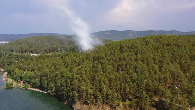 Fire on the shore of the lake, aerial photo