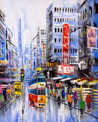 Fototapeta na wymiar Oil Painting - Street View of Hong Kong