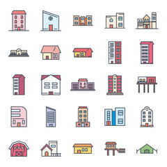 city buildings line and fill style icon set vector design