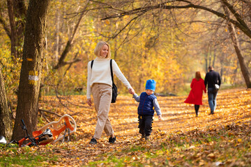 Happy woman with son walking in autumn park