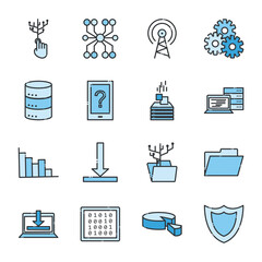 Big data line and fill style icon set vector design
