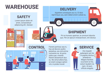 Warehouse logistics service infographic vector illustration. Cartoon flat work process of warehousing company with control over loading and delivery of boxes with goods, safety of parcels background