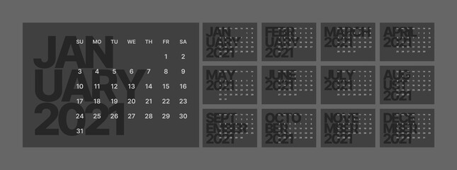 Wall calendar for 2021 year. Planner diary in a minimalist style. Week Starts on Sunday. Monthly calendar ready for print. In dark colors.